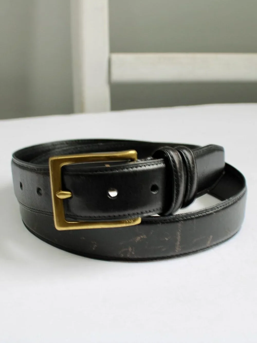 Polo Ralph Lauren Men's Black Leather Waist Belt with Gold Brass Buckle Size 36